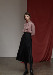 High-Waisted Pleated Silk Midi Skirt for Women with Elastic Waistband – Elegant Evening Bottom