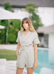 Tailored Linen Jumpsuit with Short Sleeves Belted Waist and Double-Breasted Front