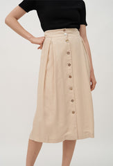 High-Waisted Linen Midi Skirt with Front Button Closure and Back Vent for Easy Movement