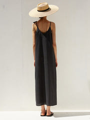 Strappy Linen Midi Dress with Adjustable Shoulder Ties and Flowing Minimalist Silhouette