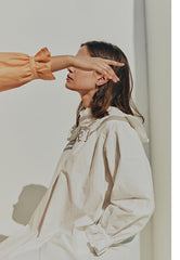 Linen Ruffle Collar Midi Dress with Button Front and Long Puff Sleeves