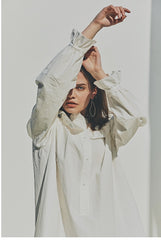 Linen Ruffle Collar Midi Dress with Button Front and Long Puff Sleeves