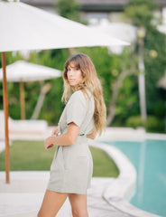 Tailored Linen Jumpsuit with Short Sleeves Belted Waist and Double-Breasted Front