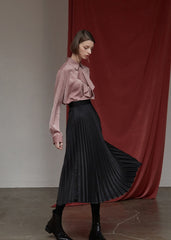 High-Waisted Pleated Silk Midi Skirt for Women with Elastic Waistband – Elegant Evening Bottom