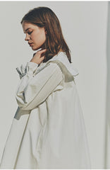 Linen Ruffle Collar Midi Dress with Button Front and Long Puff Sleeves