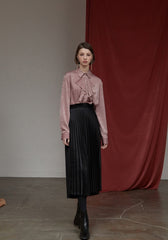 Ruffled Silk Blouse for Women with Long Sleeves and Button Front – Elegant Shiny Draped Top