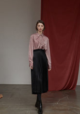 High-Waisted Pleated Silk Midi Skirt for Women with Elastic Waistband – Elegant Evening Bottom