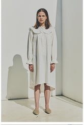 Linen Ruffle Collar Midi Dress with Button Front and Long Puff Sleeves