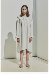 Linen Ruffle Collar Midi Dress with Button Front and Long Puff Sleeves