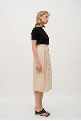 High-Waisted Linen Midi Skirt with Front Button Closure and Back Vent for Easy Movement