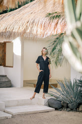 Tailored Linen Short Jumpsuit with Belted Waist and Notched Lapel Collar