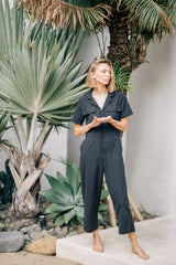 Tailored Linen Short Jumpsuit with Belted Waist and Notched Lapel Collar