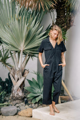 Tailored Linen Short Jumpsuit with Belted Waist and Notched Lapel Collar