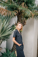 Tailored Linen Short Jumpsuit with Belted Waist and Notched Lapel Collar