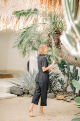 Tailored Linen Short Jumpsuit with Belted Waist and Notched Lapel Collar
