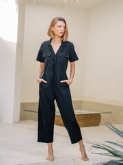 Tailored Linen Short Jumpsuit with Belted Waist and Notched Lapel Collar