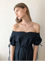 Off-Shoulder Linen Midi Dress with Ruched Sleeves, Sweetheart Neckline and Waist Tie