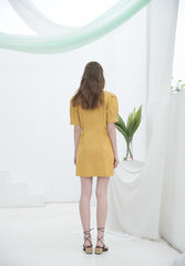 Linen Double-Breasted Mini Dress for Women with Puff Sleeves and Tailored Lapel for Chic Styling