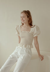 Smocked Linen Puff Sleeve Top with Ruffle Hem and Square Neckline for Feminine Everyday Style