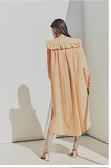 Elegant Ruffled Collar Long Sleeve Linen Dress with Button Front Detail