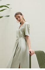 Linen Wrap Midi Dress with V-Neckline and Side Slits – Relaxed Fit Summer Day Dress