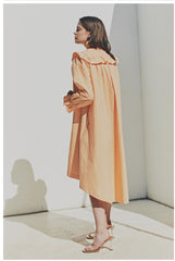 Elegant Ruffled Collar Long Sleeve Linen Dress with Button Front Detail