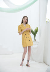 Linen Double-Breasted Mini Dress for Women with Puff Sleeves and Tailored Lapel for Chic Styling
