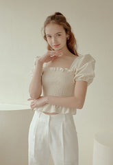 Smocked Linen Puff Sleeve Top with Ruffle Hem and Square Neckline for Feminine Everyday Style
