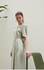 Linen Wrap Midi Dress with V-Neckline and Side Slits – Relaxed Fit Summer Day Dress