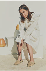 Linen Ruffle Collar Midi Dress with Button Front and Long Puff Sleeves