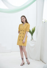 Linen Double-Breasted Mini Dress for Women with Puff Sleeves and Tailored Lapel for Chic Styling
