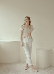 Smocked Linen Puff Sleeve Top with Ruffle Hem and Square Neckline for Feminine Everyday Style