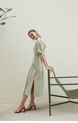 Linen Wrap Midi Dress with V-Neckline and Side Slits – Relaxed Fit Summer Day Dress