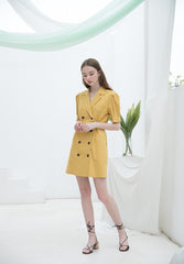 Linen Double-Breasted Mini Dress for Women with Puff Sleeves and Tailored Lapel for Chic Styling