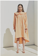 Elegant Ruffled Collar Long Sleeve Linen Dress with Button Front Detail
