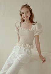 Smocked Linen Puff Sleeve Top with Ruffle Hem and Square Neckline for Feminine Everyday Style