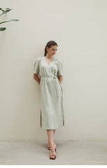 Linen Wrap Midi Dress with V-Neckline and Side Slits – Relaxed Fit Summer Day Dress