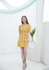Linen Double-Breasted Mini Dress for Women with Puff Sleeves and Tailored Lapel for Chic Styling