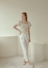 Smocked Linen Puff Sleeve Top with Ruffle Hem and Square Neckline for Feminine Everyday Style