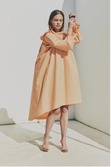 Elegant Ruffled Collar Long Sleeve Linen Dress with Button Front Detail
