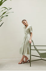Linen Wrap Midi Dress with V-Neckline and Side Slits – Relaxed Fit Summer Day Dress