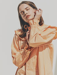 Elegant Ruffled Collar Long Sleeve Linen Dress with Button Front Detail