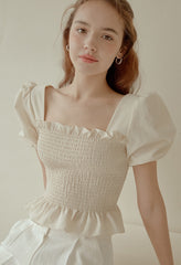 Smocked Linen Puff Sleeve Top with Ruffle Hem and Square Neckline for Feminine Everyday Style