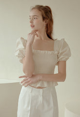Smocked Linen Puff Sleeve Top with Ruffle Hem and Square Neckline for Feminine Everyday Style