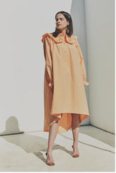 Elegant Ruffled Collar Long Sleeve Linen Dress with Button Front Detail