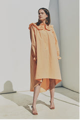 Elegant Ruffled Collar Long Sleeve Linen Dress with Button Front Detail