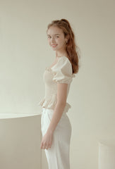 Smocked Linen Puff Sleeve Top with Ruffle Hem and Square Neckline for Feminine Everyday Style