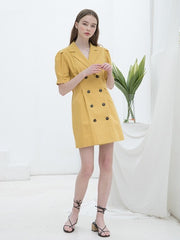 Linen Double-Breasted Mini Dress for Women with Puff Sleeves and Tailored Lapel for Chic Styling