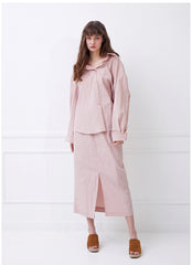 Linen Midi Skirt with Straight Cut, Front Slit, and Soft Waistband Detailing