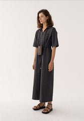 Wide-Leg Button-Front Linen Jumpsuit with Waist Tie and Short Sleeves